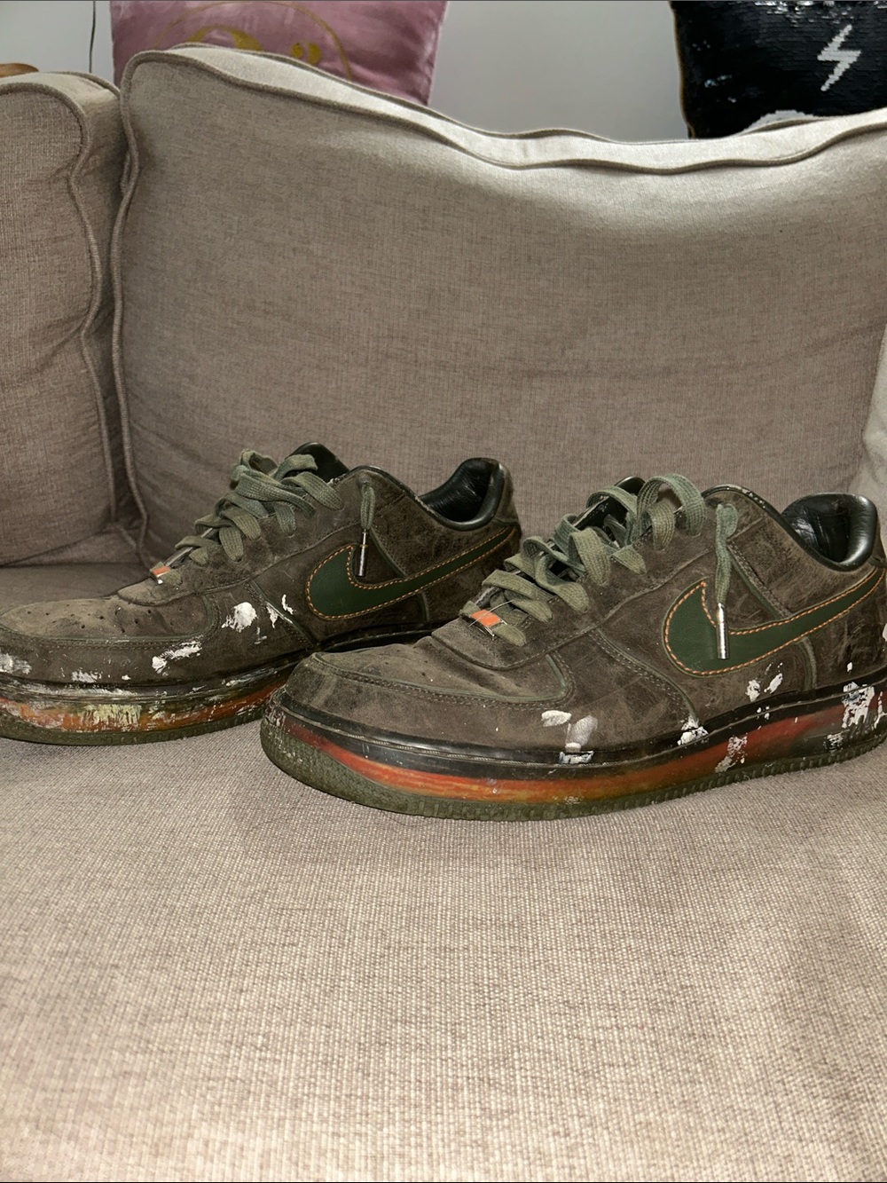 Nike Men’s size 13 Olive Green Suede Low-Top Sneakers with Red Accent